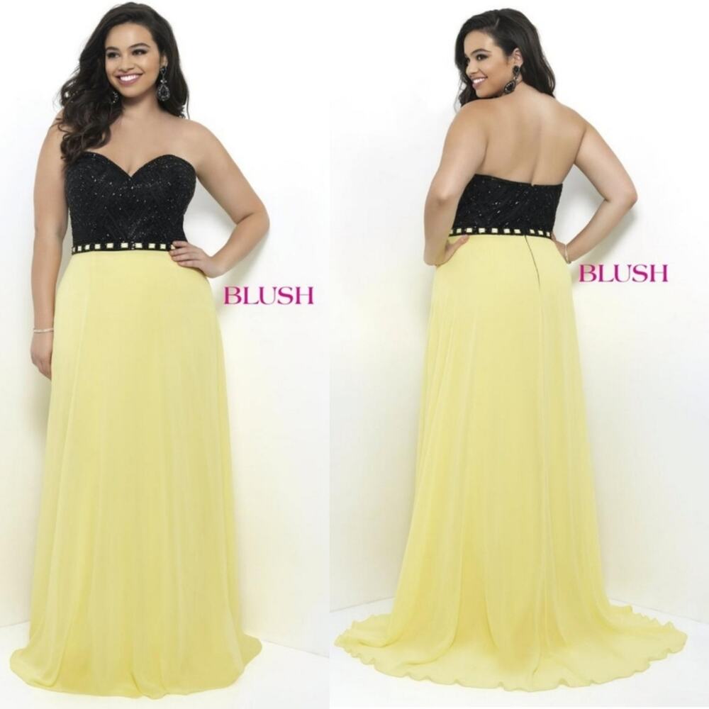 NWT Blush Prom Lemon Yellow & Black Prom Gown, Sz 18W